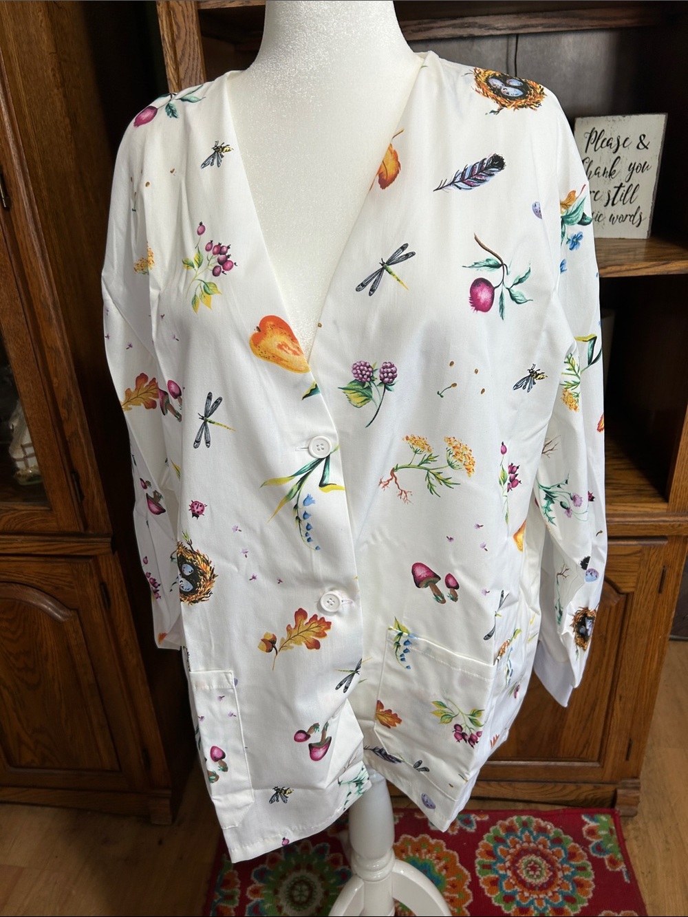 Angelica White Botanical Print Button Front Medical Jacket XXL NWT